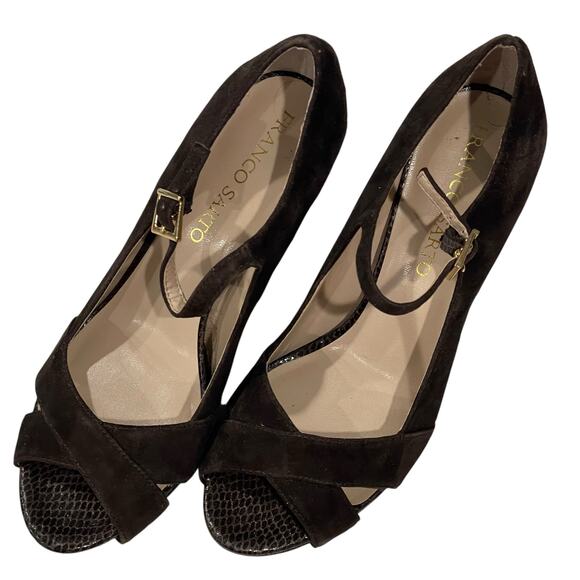 Franco Sarto Peep Toe Heels Valita Women 7M Shoes Dark Brown Suede Pump READ - Picture 1 of 16